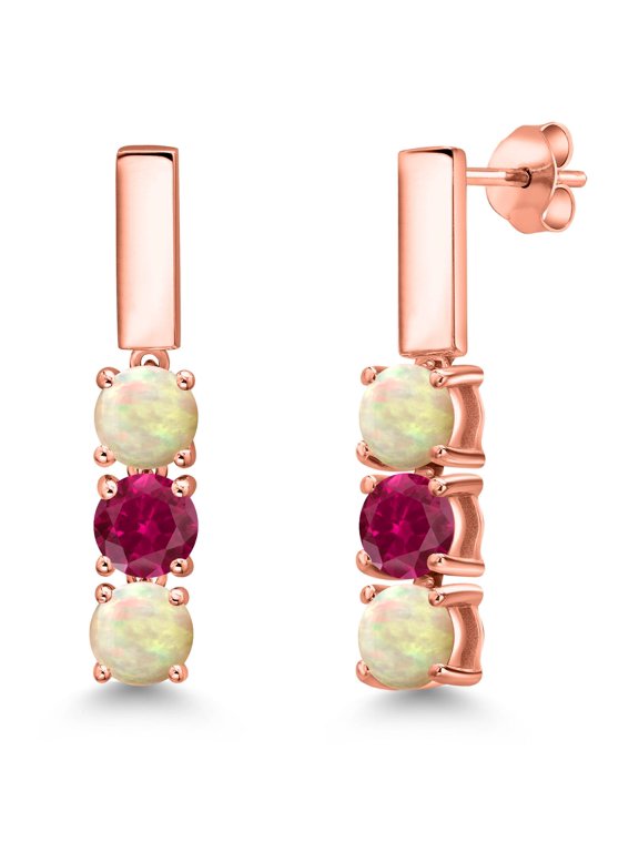 18K Rose Gold Plated Silver White Ethiopian Opal and Red Created Ruby Drop Dangle Earrings for Women | 1.20 Cttw | Gemstone October Birthstone | Round Cabochon 5MM
