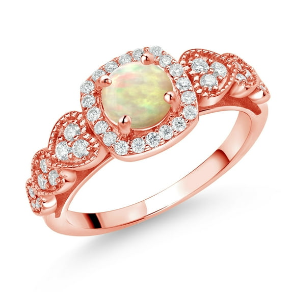 Gem Stone King 18K Rose Gold Plated Silver White Ethiopian Opal and White Moissanite Engagement Ring for Women (0.94 Cttw, Round Cabochon 6MM, Gemstone Birthstone, Size 9)