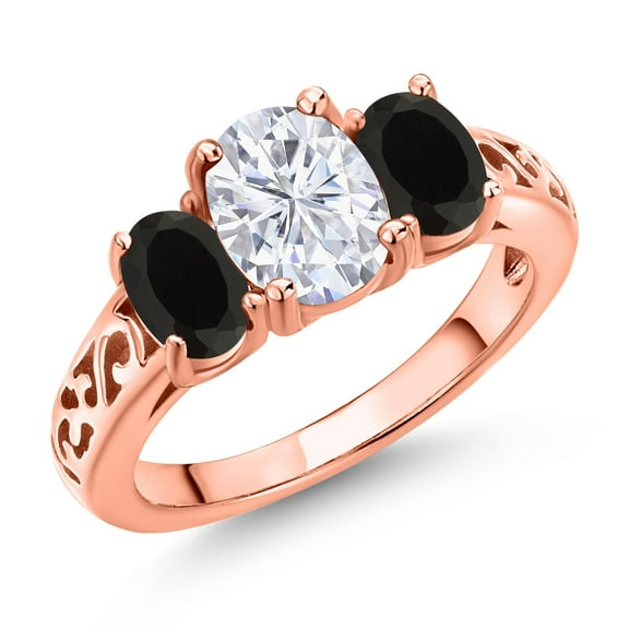Gem Stone King 18K Rose Gold Plated Silver White Moissanite and Black Onyx Filigree Style 3 Stone Ring for Women (2.30 Cttw, Oval 8X6MM and 6X4MM) (Size 6)