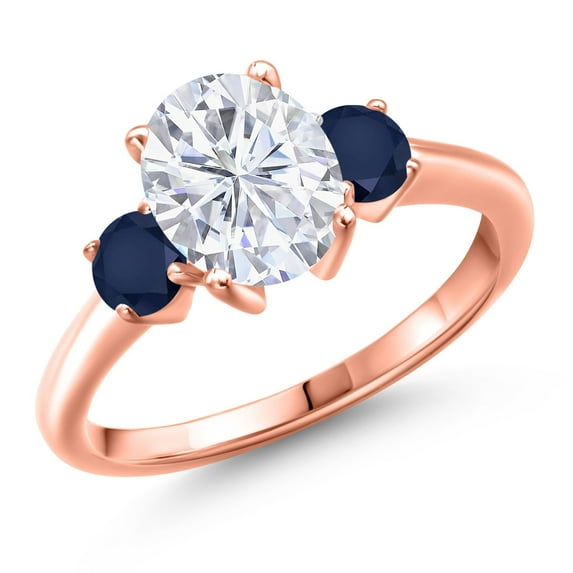 Gem Stone King 18K Rose Gold Plated Silver White Moissanite and Blue Sapphire Engagement Ring for Women | 2.80 Cttw | Oval 9X7MM | Gemstone Birthstone | Size 5