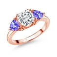 thumbnail image 1 of Gem Stone King 18K Rose Gold Plated Silver White Moissanite and Blue Tanzanite 3 Stone Engagement Ring for Women (2.50 Cttw, Gemstone Birthstone, Size 9), 1 of 3