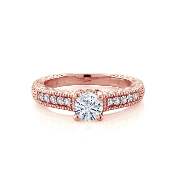 Gem Stone King 18K Rose Gold Plated Silver White Moissanite and White Created Sapphire Women's Solitaire Ring with Accent Stones (0.65 Cttw, Round Shape 5MM, Size 6)