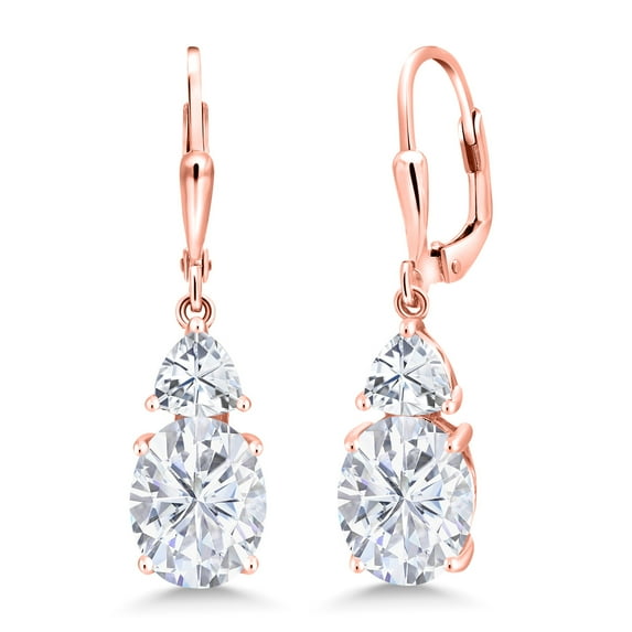 Gem Stone King 18K Rose Gold Plated Silver White Moissanite Dangle Earrings for Women (6.94 Cttw, Gemstone Birthstone, Oval 10X8MM, Trillion 5MM)