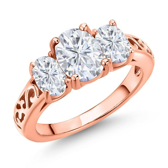 Gem Stone King 18K Rose Gold Plated Silver White Moissanite Filigree Style 3 Stone Ring for Women (2.50 Cttw, Oval 8X6MM and 6X4MM) (Size 6)