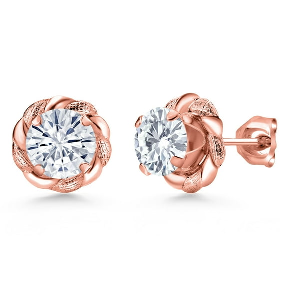 Gem Stone King 18K Rose Gold Plated Silver White Moissanite Flower Stud Earrings for Women Men (1.60 Cttw, Gemstone Birthstone, Round 6MM)