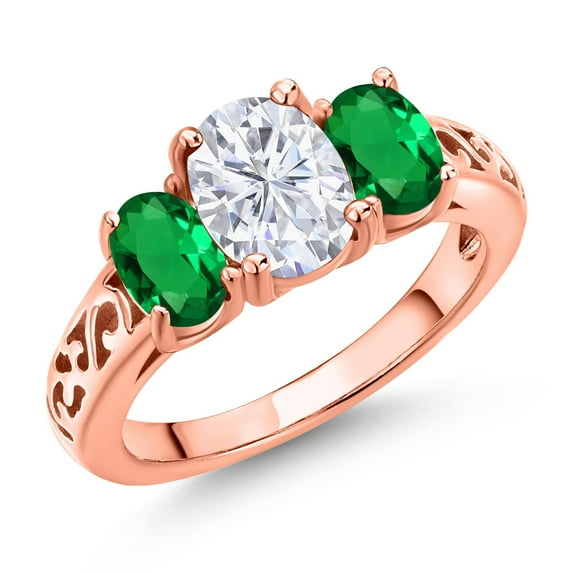 Gem Stone King 18K Rose Gold Plated Silver White Moissanite and Green Nano Emerald Filigree Style 3 Stone Ring for Women (2.30 Cttw, Oval 8X6MM and 6X4MM) (Size 8)
