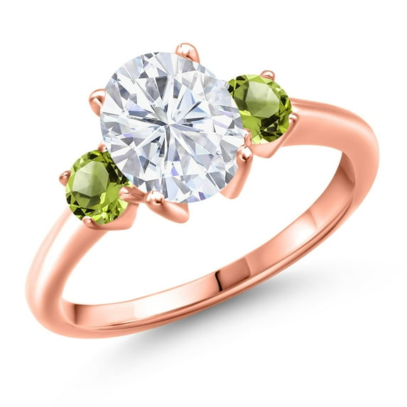 Gem Stone King 18K Rose Gold Plated Silver White Moissanite and Green Peridot Engagement Ring for Women | 2.70 Cttw | Oval 9X7MM | Gemstone Birthstone | Size 5