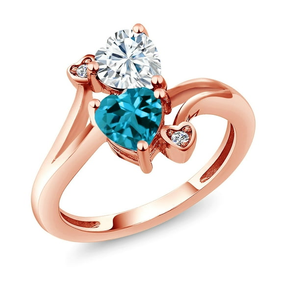 Gem Stone King 18K Rose Gold Plated Silver White Moissanite London Blue Topaz and White Diamond Ring for Women (1.78 Cttw, Heart Shape 6MM, Gemstone Birthstone, Size 6)