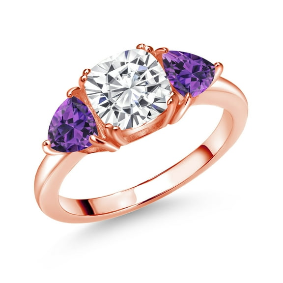Gem Stone King 18K Rose Gold Plated Silver White Moissanite and Purple Amethyst 3 Stone Engagement Ring for Women (2.50 Cttw, Gemstone Birthstone, Available in Size 5, 6, 7, 8, 9)