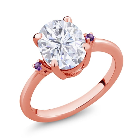 Gem Stone King 18K Rose Gold Plated Silver White Moissanite and Purple Amethyst 3 Stone Ring for Women (3.04 Cttw, Oval 10X8MM, Gemstone Birthstone, Size 5)