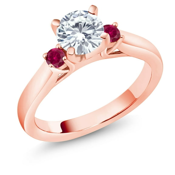 Gem Stone King 18K Rose Gold Plated Silver White Moissanite and Red Created Ruby 3-Stone Engagement Ring for Women (0.92 Cttw, Round 6MM, Gemstone Birthstone, Size 5)