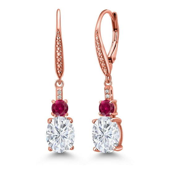 Gem Stone King 18K Rose Gold Plated Silver White Moissanite and Red Created Ruby Dangle Earrings for Women with Lab Grown Diamond (4.73 Cttw, Oval 9X7MM)