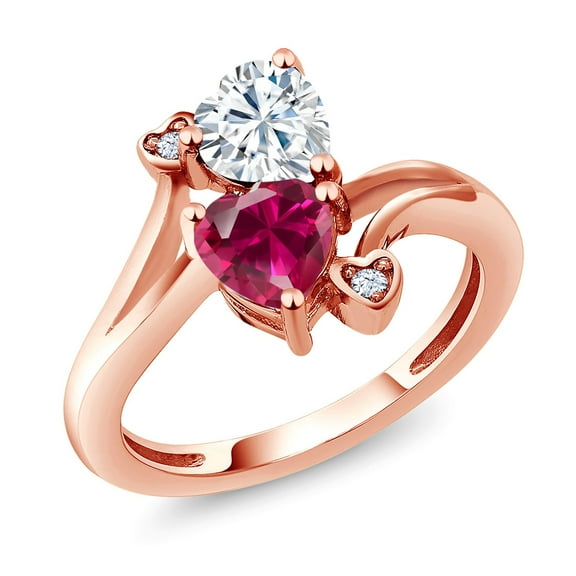 Gem Stone King 18K Rose Gold Plated Silver White Moissanite Red Created Ruby Ring for Women (1.79 Cttw, Heart Shape 6MM, Gemstone Birthstone, Size 9)