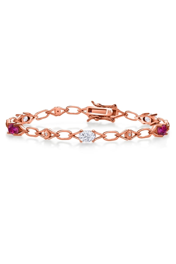 18K Rose Gold Plated Silver White Moissanite and Red Created Ruby and Round White Lab Grown Diamond Tennis Bracelet for Women (3.04 Cttw, Gemstone Birthstone, Oval 6X4MM, 7.25 inches)