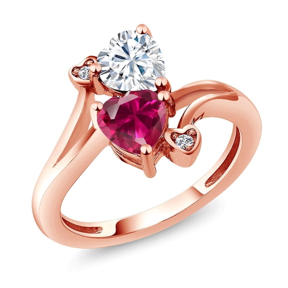 Gem Stone King 18K Rose Gold Plated Silver White Moissanite Red Created Ruby and White Diamond Ring for Women (1.80 Cttw, Heart Shape 6MM, Gemstone Birthstone, Size 8)