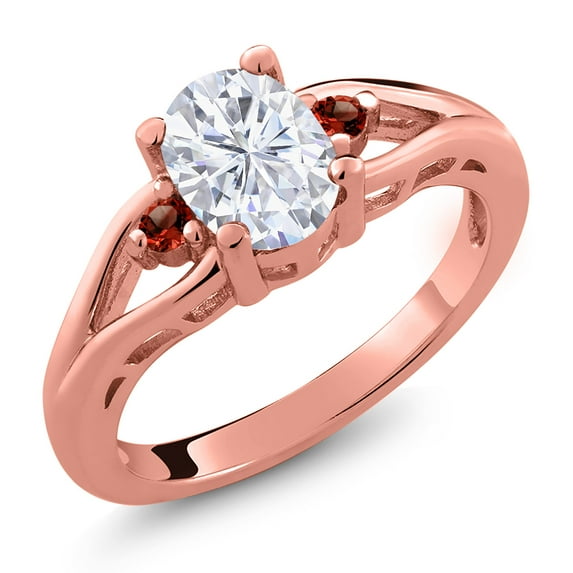 Gem Stone King 18K Rose Gold Plated Silver White Moissanite and Red Garnet 3 Stone Engagement Ring for Women | 1.60 Cttw | Oval 8X6MM | Round 2MM | Gemstone Birthstone | Size 7