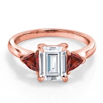 Gem Stone King 18K Rose Gold Plated Silver White Moissanite and Red Garnet 3-Stone Ring for Women (2.15 Cttw, 8X6MM Emerald Cut and 3.5 Trillion, Gemstone Birthstone, Size 9)