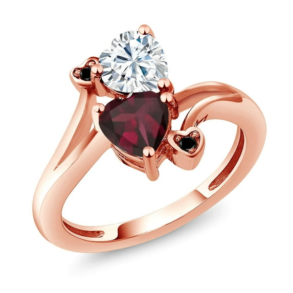 Gem Stone King 18K Rose Gold Plated Silver White Moissanite Red Rhodolite Garnet and Black Diamond Ring for Women (1.55 Cttw, Heart Shape 6MM, Gemstone Birthstone, Size 7)