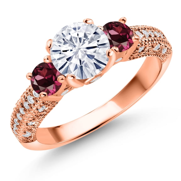 Gem Stone King 18K Rose Gold Plated Silver White Moissanite and Red Rhodolite Garnet Engagement Ring for Women (2.02 Cttw, Gemstone, Round 7MM and 4MM, Size 6)