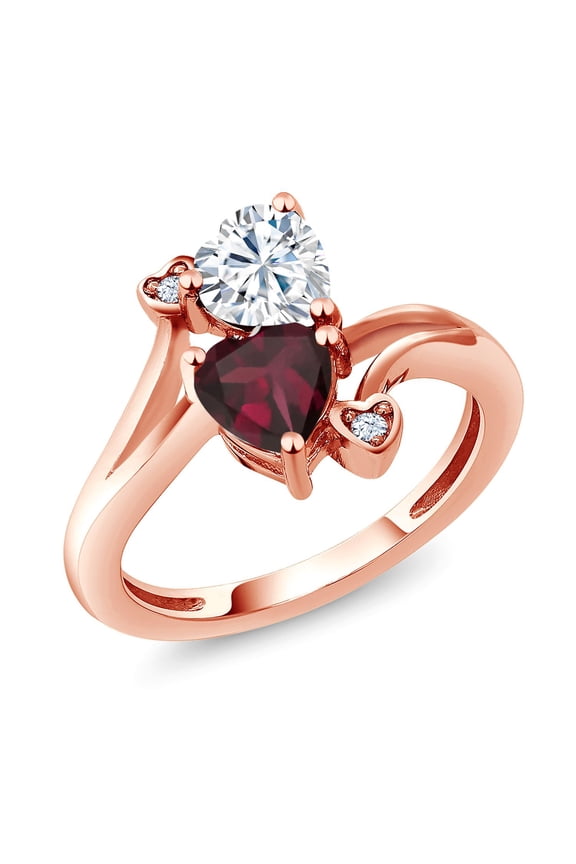 18K Rose Gold Plated Silver White Moissanite Red Rhodolite Garnet Ring for Women | 1.55 Cttw | Heart Shape 6MM | Wedding Engagement Anniversary Promise Ring for Women| Size 6