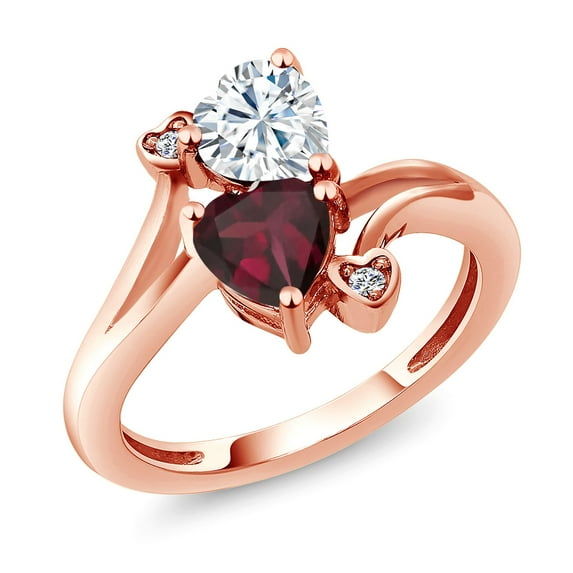Gem Stone King 18K Rose Gold Plated Silver White Moissanite Red Rhodolite Garnet and White Diamond Ring for Women (1.55 Cttw, Heart Shape 6MM, Gemstone Birthstone, Size 6)