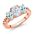 thumbnail image 1 of Gem Stone King 18K Rose Gold Plated Silver White Moissanite and Sky Blue Topaz Filigree Style 3 Stone Ring for Women (2.50 Cttw, Oval 8X6MM and 6X4MM) (Size 5), 1 of 6