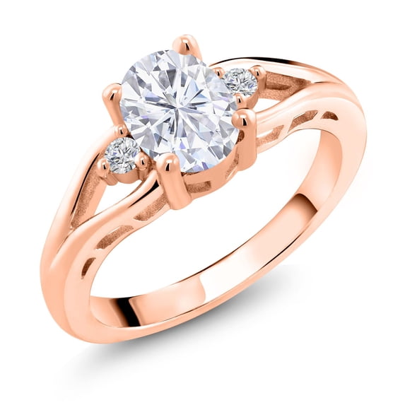 Gem Stone King 18K Rose Gold Plated Silver White Moissanite and White Lab Grown Diamond 3 Stone Engagement Ring for Women | 1.58 Cttw | Oval 8X6MM | Round 2MM | Gemstone Birthstone | Size 8