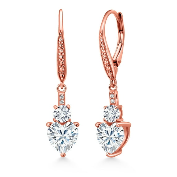 Gem Stone King 18K Rose Gold Plated Silver White Moissanite and White Lab Grown Diamond Drop Dangle Earrings for Women (3.17 Cttw, Heart Shape 7MM, Round 4MM)