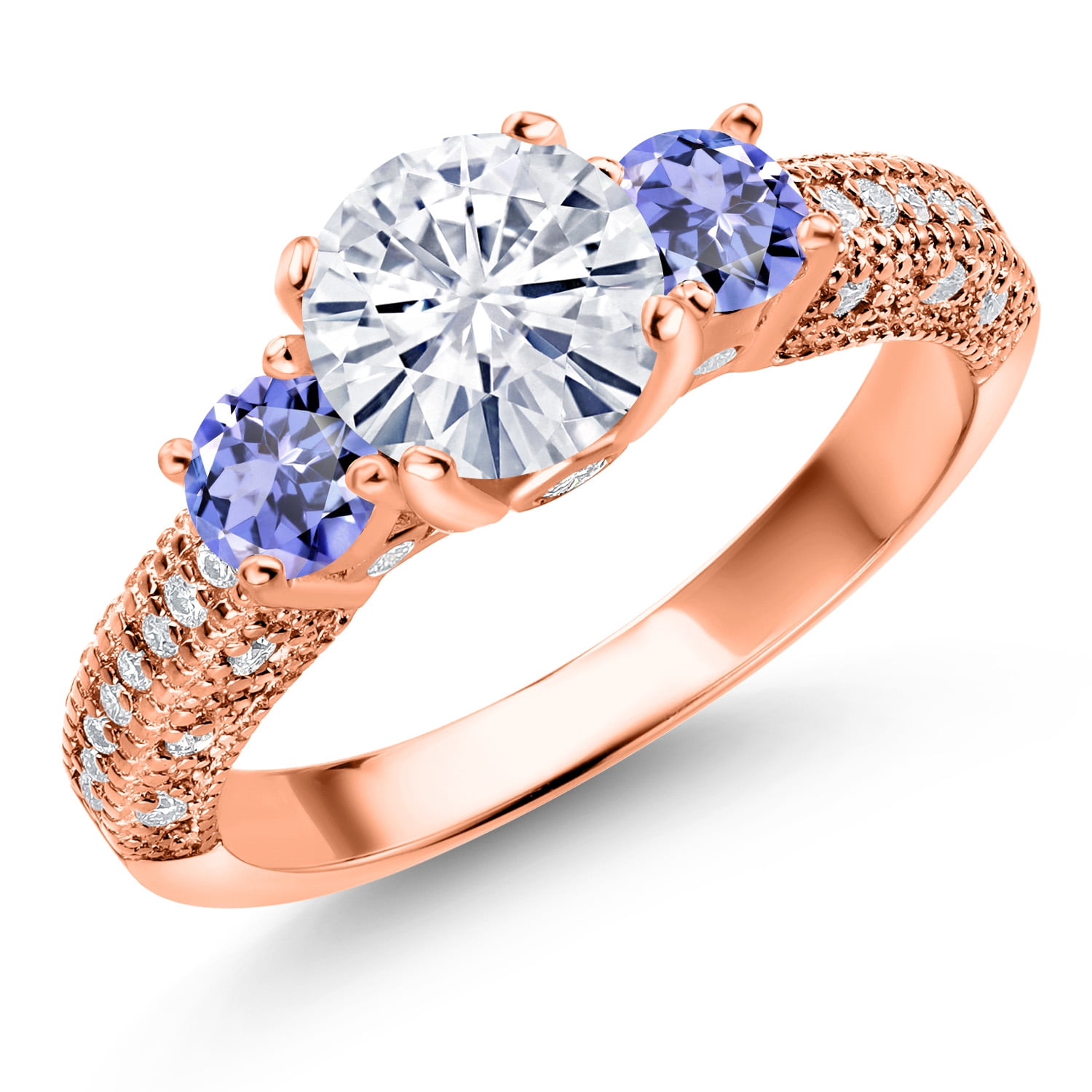 Gem Stone King 18K Rose Gold Plated Silver White Moissanite and Blue Tanzanite Engagement Ring for Women (1.88 Cttw, Gemstone, Round 7MM and 4MM, Size 6)
