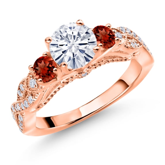 Gem Stone King 18K Rose Gold Plated Silver White Moissanite and Red Garnet Engagement Ring for Women (1.37 Cttw, Gemstone, Round 6MM and 3MM, Size 6)