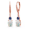 thumbnail image 1 of Gem Stone King 18K Rose Gold Plated Silver White Opal and Blue Created Sapphire Dangle Earrings for Women with Lab Grown Diamond (2.53 Cttw, Oval Cabochon 9X7MM), 1 of 5