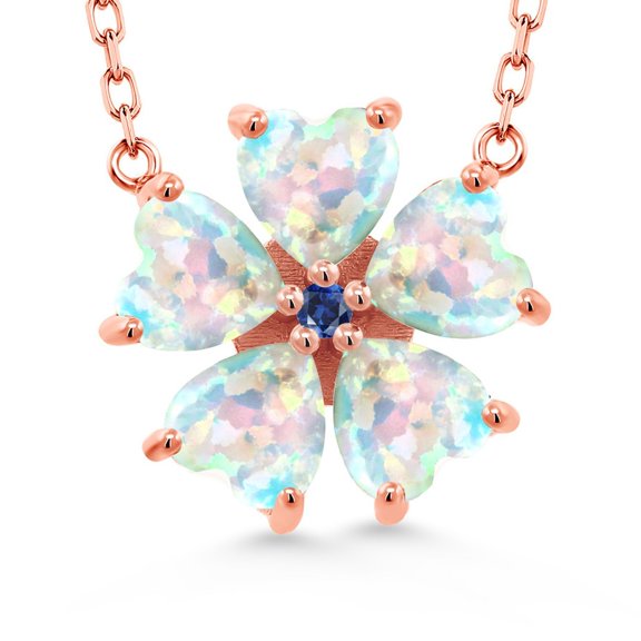 Gem Stone King 18K Rose Gold Plated Silver White Opal and Blue Created Sapphire Pendant Necklace for Women (3.80 Cttw, Heart Shape 6MM, with 18 inch Chain)