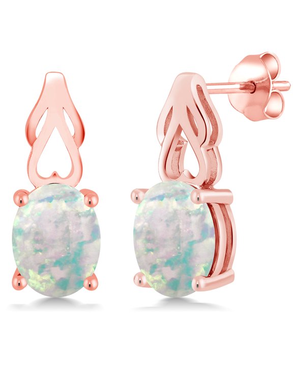 18K Rose Gold Plated Silver White Opal Earrings for Women (1.20 Cttw, Gemstone October Birthstone, Oval Cabochon 9X7MM)
