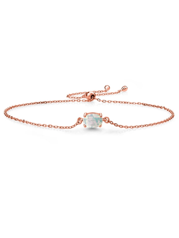 18K Rose Gold Plated Silver White Opal Solitaire Bracelet for Women (1.00 Cttw, Oval Cabochon Cut 7x5mm)