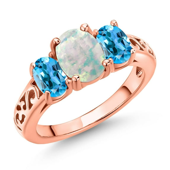 Gem Stone King 18K Rose Gold Plated Silver White Opal and Swiss Blue Topaz Filigree Style 3 Stone Ring for Women (2.10 Cttw, Oval 8X6MM and 6X4MM) (Size 6)