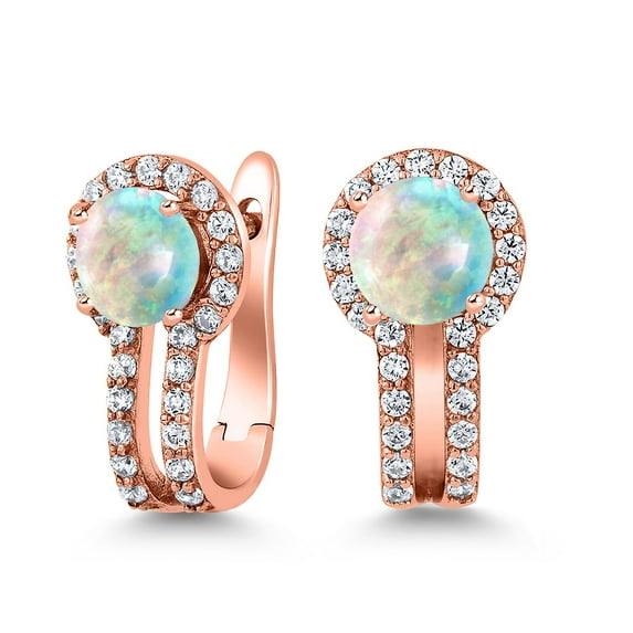 Gem Stone King 18K Rose Gold Plated Silver White Opal and White Created Sapphire Earrings for Women (1.50 Cttw, Gemstone October Birthstone, Round Cabochon 5MM)