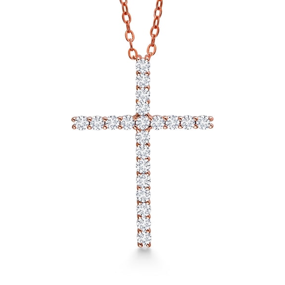 Gem Stone King Moissanite Cross Pendant Necklace for Women | 18K Rose Gold Plated Silver | 0.80 Cttw | 1 inch | Jesus Christian Religious Crucifix Jewelry Gift for Her | With 18 inch Silver Chain