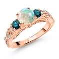 thumbnail image 1 of 18K Rose Gold Plated Silver White Simulated Opal Blue Diamond and White Moissanite Engagement Ring for Women (0.77 Cttw, Gemstone October Birthstone, Round Cabochon 6MM and 3MM, Size 6), 1 of 4