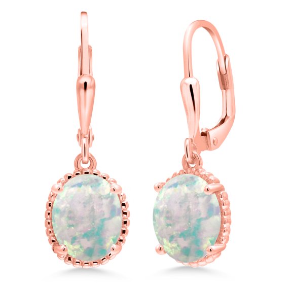 Gem Stone King 18K Rose Gold Plated Silver White Simulated Opal Leverback Dangle Earrings for Women (2.00 Cttw, Gemstone October Birthstone, Oval Cabochon 9X7MM)