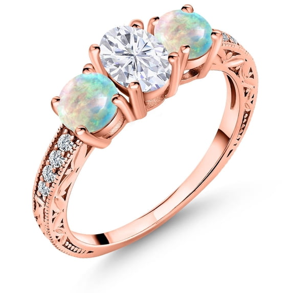 Gem Stone King 18K Rose Gold Plated Silver White Simulated Opal Ring Set with Moissanite (2.02 Cttw) (Size 8)