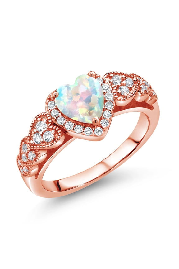 18K Rose Gold Plated Silver White Simulated Opal Ring for Women (1.18 Cttw, Heart Shape 6MM, Available in Size 5, 6, 7, 8, 9)