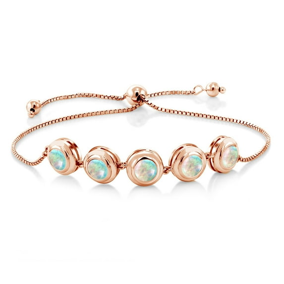 Gem Stone King 18K Rose Gold Plated Silver White Simulated Opal Tennis Bracelet for Women | 1.50 Cttw | Round Cabochon 6MM | Gemstone October Birthstone | Fully Adjustable up to 9 inch