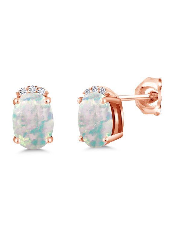 18K Rose Gold Plated Silver White Simulated Opal and White Lab Grown Diamond Earrings Jewelry for Women (2.06 Cttw, Oval Cabochon 7X5MM)