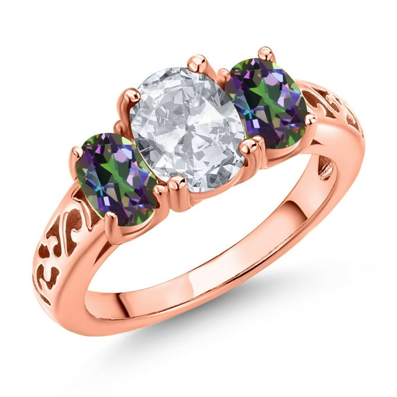 Gem Stone King 18K Rose Gold Plated Silver White Topaz and Green Mystic Topaz Filigree Style 3 Stone Ring for Women (2.70 Cttw, Oval 8X6MM and 6X4MM) (Size 9)