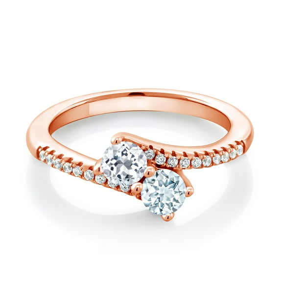 Gem Stone King 18K Rose Gold Plated Silver White Topaz and Sky Blue Aquamarine Bypass Ring for Women (0.82 Cttw, Gemstone November Birthstone, Round 4MM, Size 8)