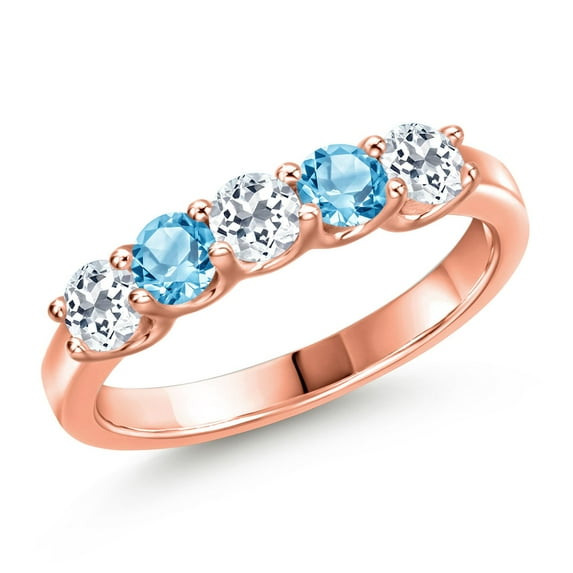 Gem Stone King 18K Rose Gold Plated Silver White Topaz and Swiss Blue Topaz Wedding-Bands Ring for Women | 1.05 Cttw | Round 3.5MM | Gemstone November Birthstone | Size 5