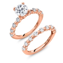 Gem Stone King 18K Rose Gold Plated Silver White Topaz Wedding Engagement Ring Band Bridal Set for Women (3.01 Cttw, Gemstone November Birthstone, Round 7MM, Size 9)