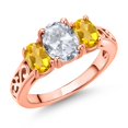 thumbnail image 1 of Gem Stone King 18K Rose Gold Plated Silver White Topaz and Yellow Citrine Filigree Style 3 Stone Ring for Women (2.40 Cttw, Oval 8X6MM and 6X4MM) (Size 5), 1 of 6