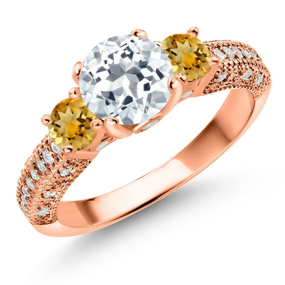 Gem Stone King 18K Rose Gold Plated Silver White Topaz Yellow Citrine and White Moissanite Engagement Ring for Women (2.24 Cttw, Gemstone November Birthstone, Round 7MM and 4MM, Size 5)