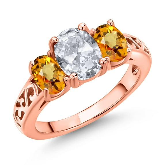 Gem Stone King 18K Rose Gold Plated Silver White Topaz and Yellow Sapphire Filigree Style 3 Stone Ring for Women (2.73 Cttw, Oval 8X6MM and 6X4MM) (Size 9)